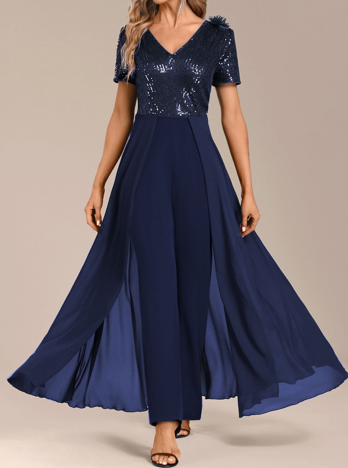 Damenbekleidung Pure Color Temperament Chiffon Pailletten Stitching Jumpsuit_voghion.com