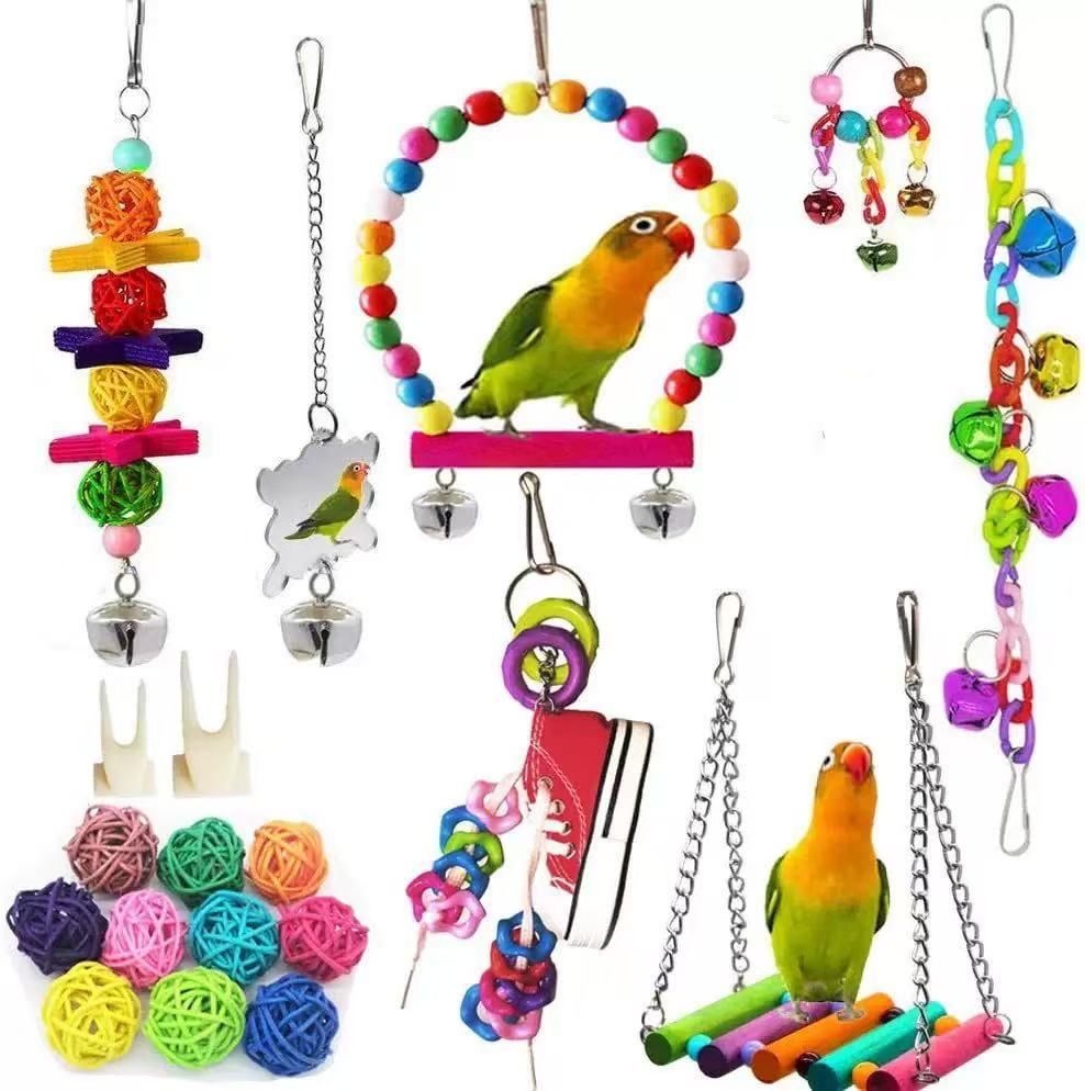 Giocattoli per uccelli per conuri con amaca a scala colorata, accessori per gabbie per uccelli, trespolo per uccelli, giocattoli da masticare, campanella sospesa per pappagallo_voghion.com