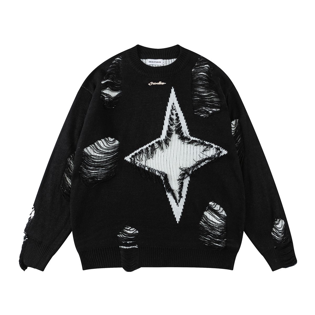 "Unisex Distressed Crewneck Sweater – Oversized Streetwear Pullover, Hip Hop & High Street Style (Grey/Black, M-XXL)"_voghion.com