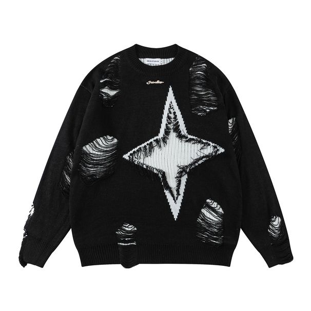 "Unisex Distressed Crewneck Sweater – Oversized Streetwear Pullover, Hip Hop & High Street Style (Grey/Black, M-XXL)"_voghion.com