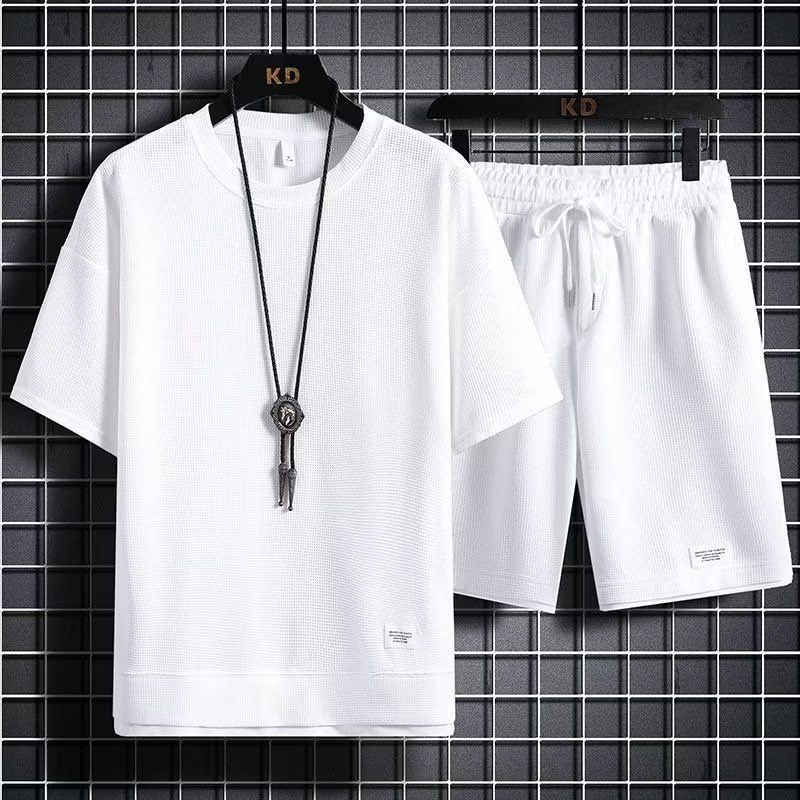 Thin Waffle Sports Casual Set Loose Fak Two-Piece Short Sleeve Shorts_voghion.com