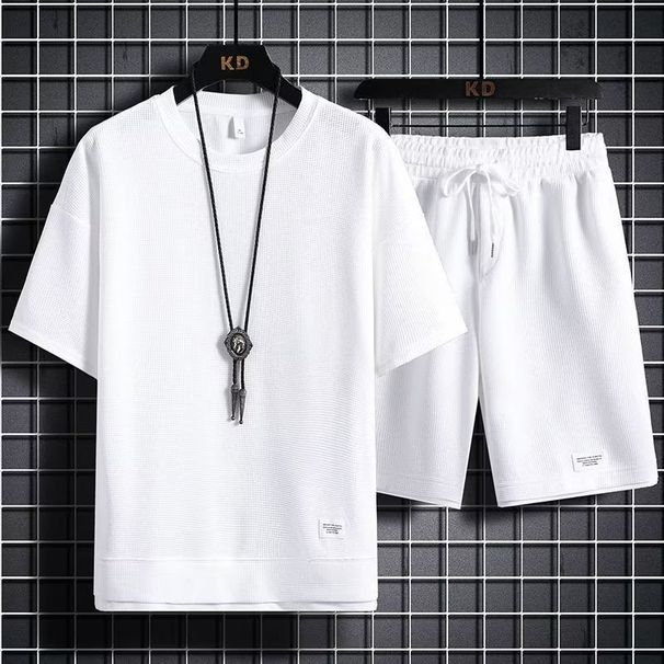 Thin Waffle Sports Casual Set Loose Fak Two-Piece Short Sleeve Shorts_voghion.com