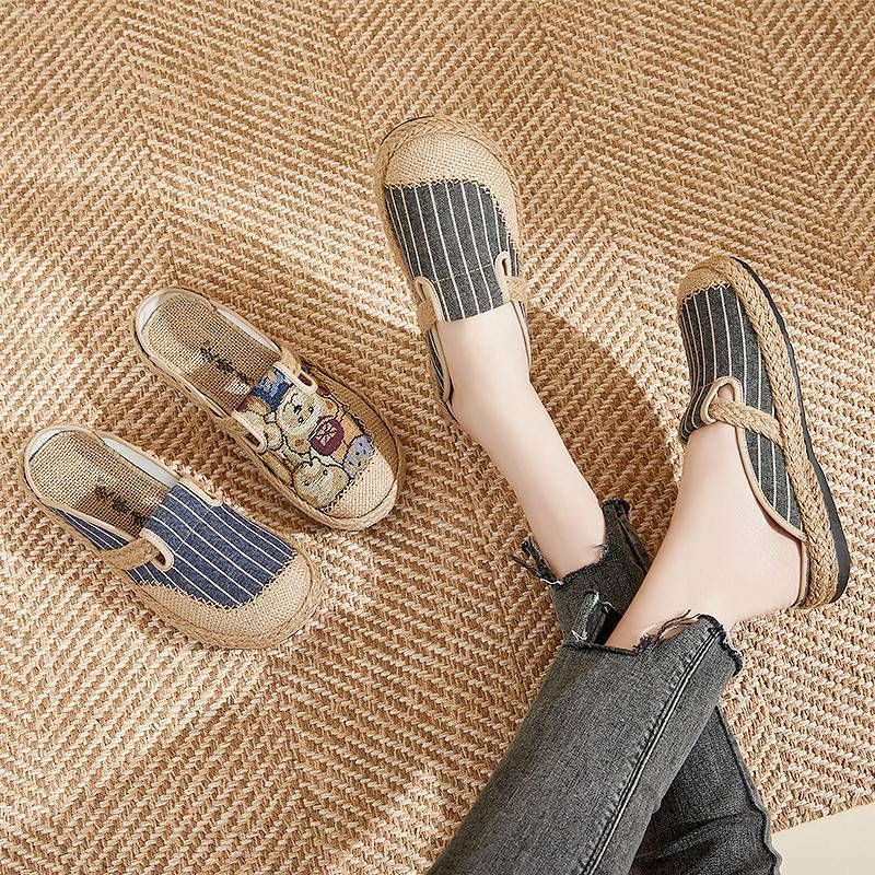 2024 New sv Gräsvävning Casual Shallow Mouth Student Forest Series Single Shoes, etnisk stil broderade skor för_voghion.com