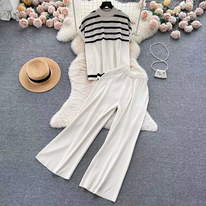 Stilvolles Strickoberteil mit Streifen für Damen, lässige Hose mit hoher Taille und weitem Bein, modischer zweiteiliger Anzug_voghion.com