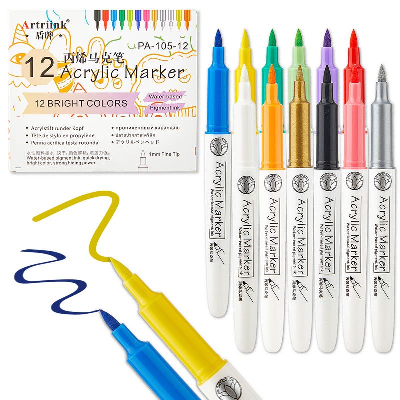 Marcadores de pintura acrílica vibrantes de 12 colores para niños y artistas: pincel de punta suave para dibujar, garabatear, decorar uñas y hacer manualidades._voghion.com