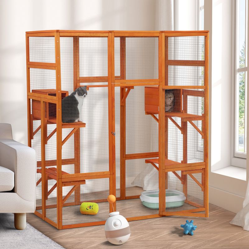 Large Cat Enclosure with 5 Perches, 2 Condos and 1 Lockable Door, Orange_voghion.com