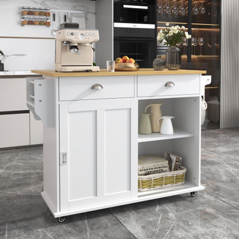 Esszimmerwagen/Sideboard, 112x40(70)x94 cm, Weiß, Klappbare Arbeitsplatte in Massivholzoptik mit Stauraumtüren, Rollen und austauschbaren Massivholzfüßen, geeignet für Küchen und Esszimmer_voghion.com