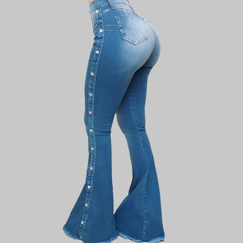 High waist elastic mop flared jeans ladies trousers_voghion.com