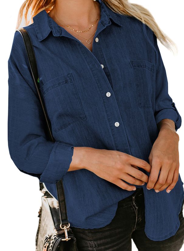 Women's Oversized Denim Shirt With Dual Pockets, Long Sleeve Casual Button-Down Top For Spring & Fall (Multiple Colors)_voghion.com