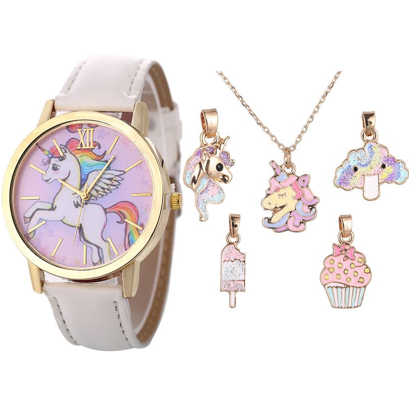 Kindermode Cartoon Einhorn Zifferblatt Gürtel Quarzuhr + Halskette Zufallskombinationsset_voghion.com
