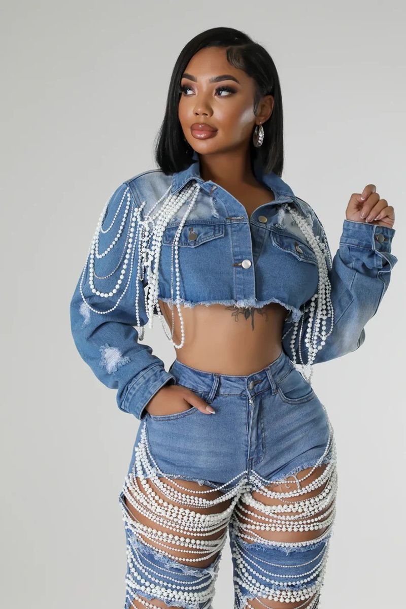 Women's Clothing Denim Jacket Women's Fashion Pearl Chain Handmade Beaded Denim Jacket_voghion.com