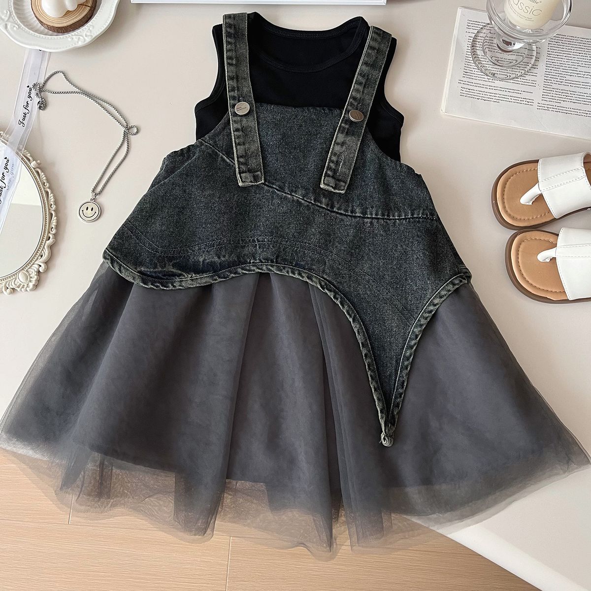 Kinderkleidung 2025 Sommer Neue Mädchen Denim Mesh Kleid Zweiteiler Sommer Niedliche Prinzessin Kleid_voghion.com