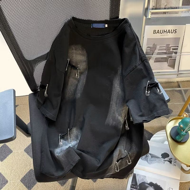 Taglia extra large 150 kg può indossare maglietta strappata con design a spilla, maglia estiva a maniche corte_voghion.com