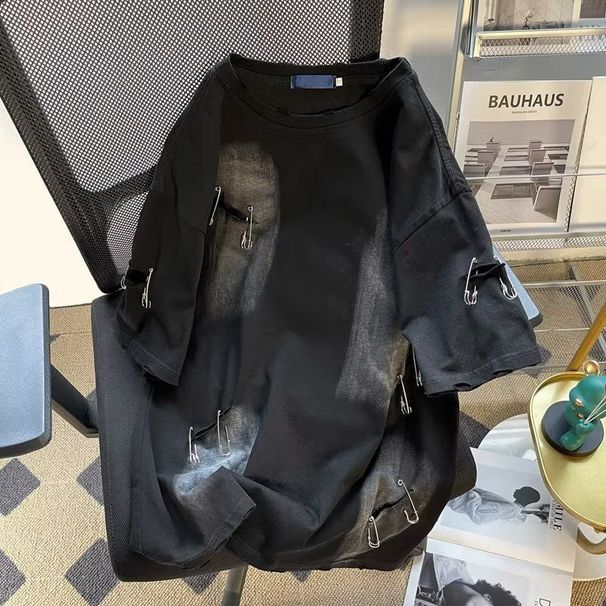 Taglia extra large 150 kg può indossare maglietta strappata con design a spilla, maglia estiva a maniche corte_voghion.com