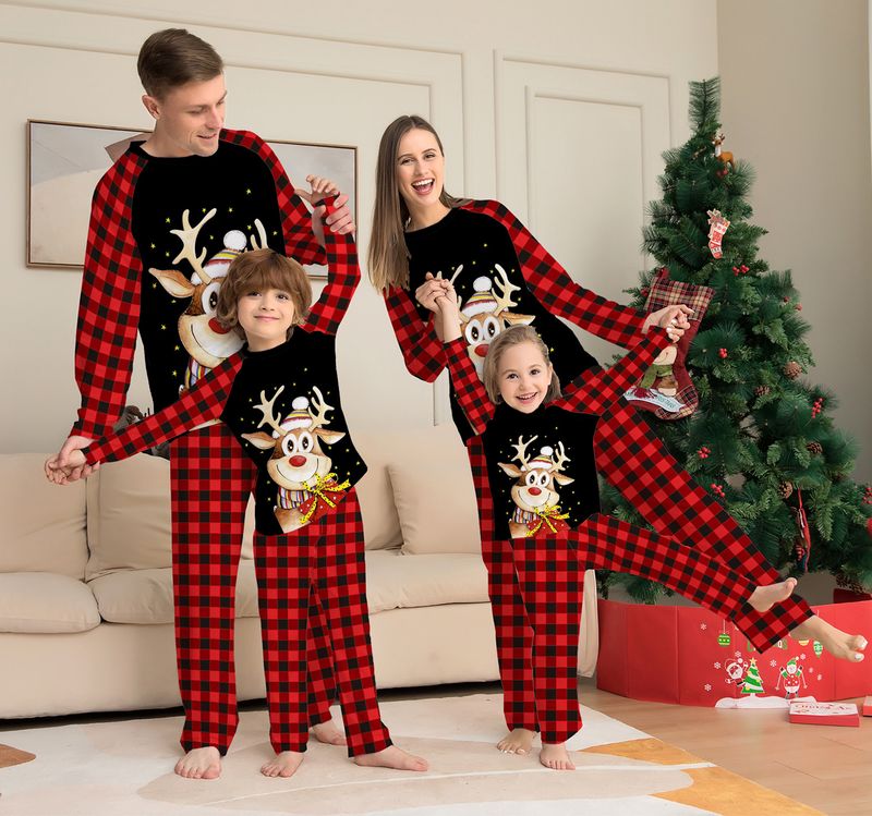 Christmas family outfit cartoon fawn plaid Christmas family outfit printed homewear pajamas_voghion.com