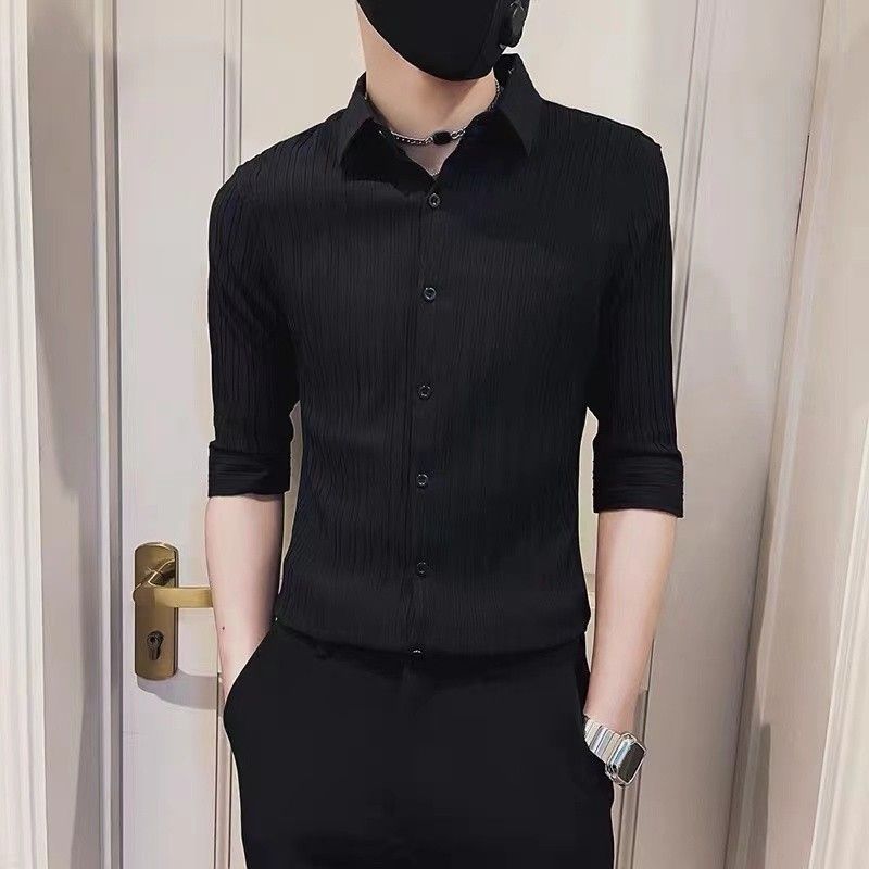 Camicia a righe in seta ghiacciata, a maniche lunghe, sottile, estiva, da uomo, vestibilità slim, a maniche lunghe_voghion.com
