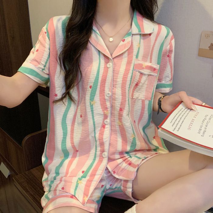 Neue Sommerpyjamas für Damen, koreanische Ausgabe, Wolken-Baumwolle, süßer Cartoon, offener Knopf, Kurzarm-Shorts, Heimkleidungsset_voghion.com