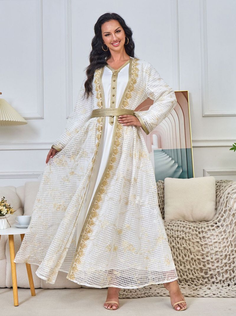 Damenbekleidung Zweiteiliger bestickter Perlen-Spitzenmantel Abaya Dubai Langer Damenrock_voghion.com
