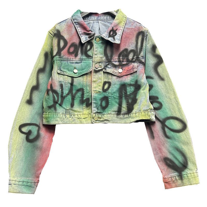 Women's Clothing Short Denim Jacket Early Spring New Small Size Slim Goods Hand Painted Graffiti Design Long Sleeved Top_voghion.com