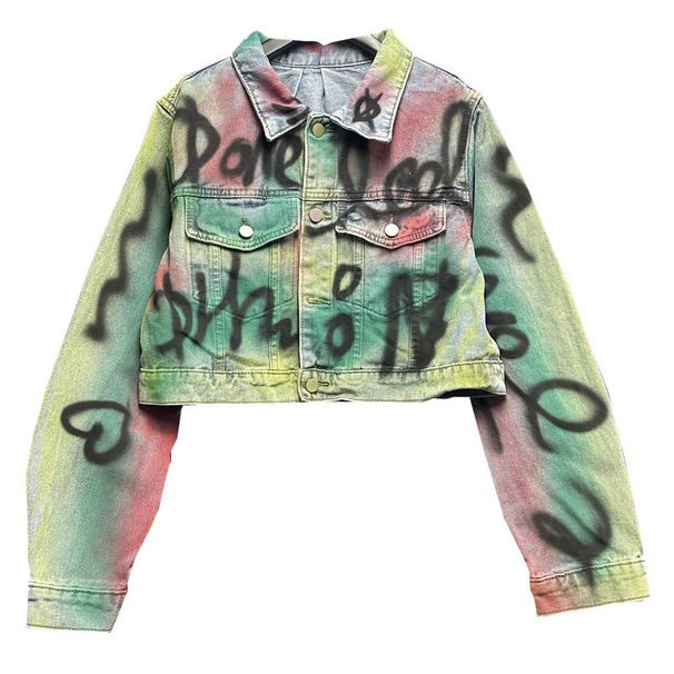 Women's Clothing Short Denim Jacket Early Spring New Small Size Slim Goods Hand Painted Graffiti Design Long Sleeved Top_voghion.com