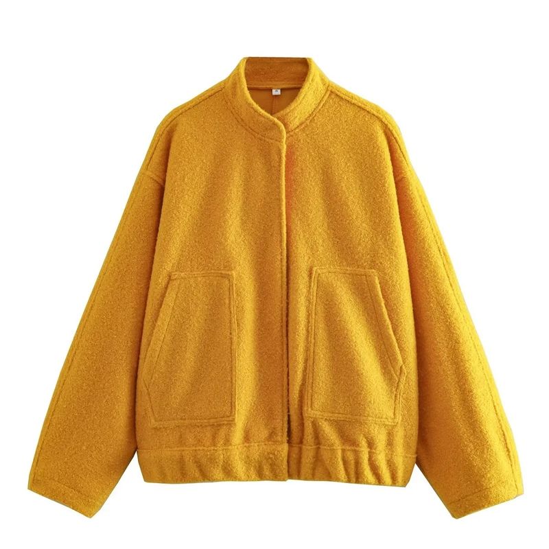 Damenbekleidung lockere Freizeitjacke Street Stehkragen verdeckter Knopf Jacke lässig_voghion.com
