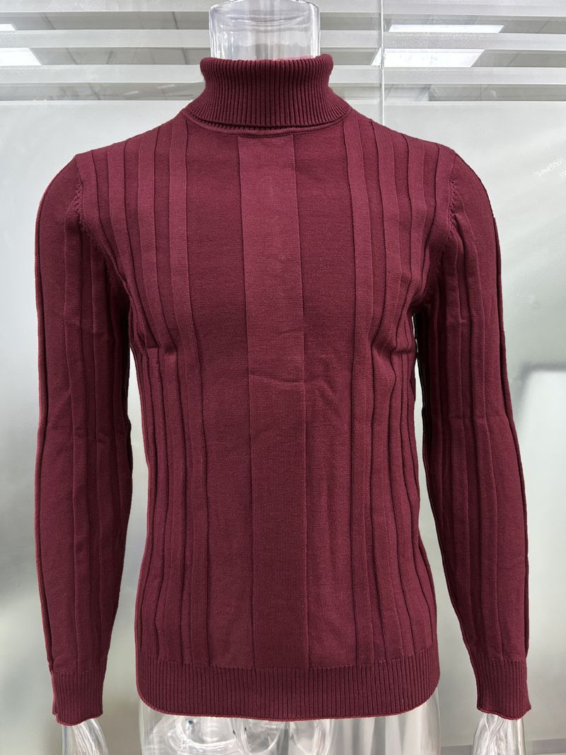 Slim Fit Herrenpullover mit hohem Kragen, lässiger Strickpullover, einfarbige Basisschicht, maschinenwaschbare Baumwollmischung, knitterfrei​​_voghion.com