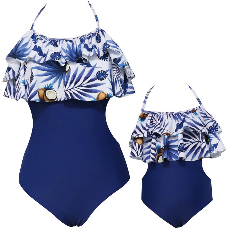 Maillot de bain mère et enfant imprimé, une pièce, à deux volants, pour famille_voghion.com