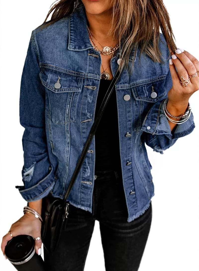 Giacca in denim vintage da donna, cappotto casual non elasticizzato con scollo a V e maniche lunghe, in azzurro, blu scuro e blu retrò_voghion.com