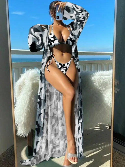 Badekleeder Fraen Split Dräi-Stéck Laangärm Blouse Internet Promi Riemen Bikini_voghion.com