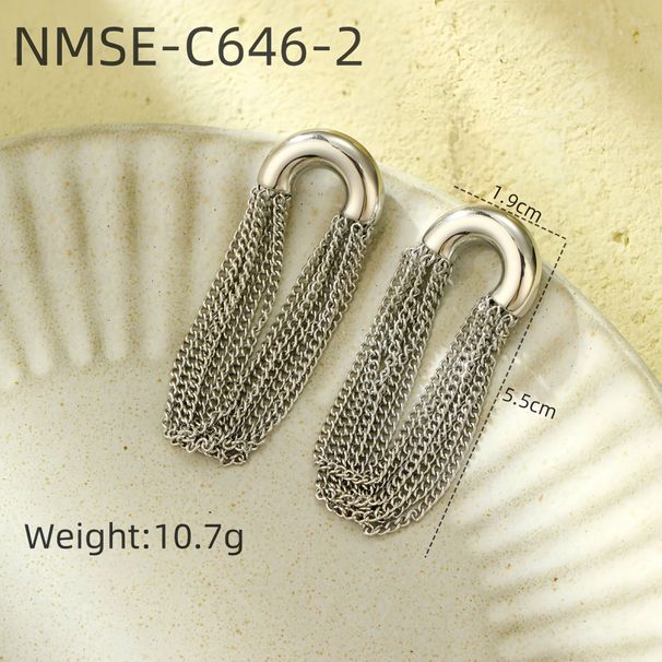 Eleganti orecchini pendenti a catena curva con design a nappa, orecchini a cerchio a forma di C in acciaio inossidabile per un look sofisticato._voghion.com