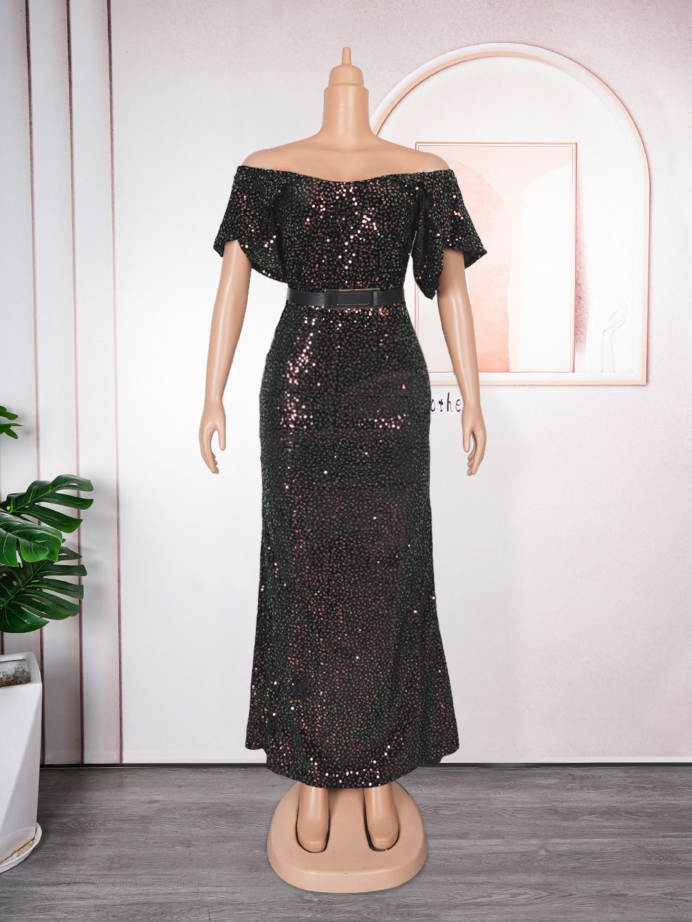 Abito aderente con paillettes taglie forti – Abito da sirena scintillante senza spalline per feste serali (nero/verde/viola/rosso, L-3XL)_voghion.com