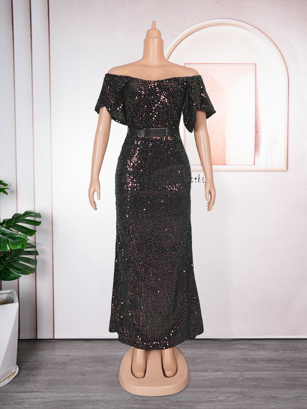 Abito aderente con paillettes taglie forti – Abito da sirena scintillante senza spalline per feste serali (nero/verde/viola/rosso, L-3XL)_voghion.com