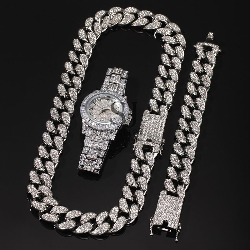 Conjunto de joyas hip-hop para hombre: reloj, pulsera y cadena de eslabones cubanos (3 piezas), circonitas cúbicas, ultrabrillante, extra brillante, tendencia súper brillante._voghion.com