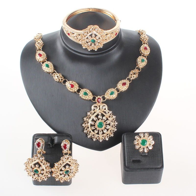 Parures de bijoux classiques, collier, boucles d'oreilles et bagues, couleur or, cristal vert, accessoires de mariage pour femmes_voghion.com