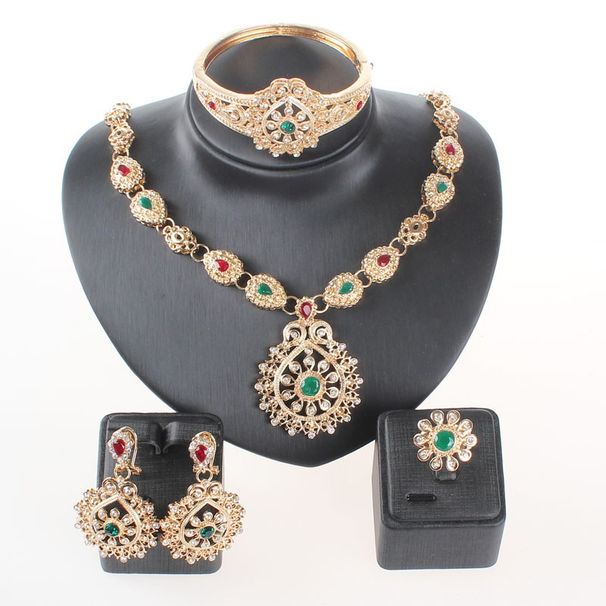 Parures de bijoux classiques, collier, boucles d'oreilles et bagues, couleur or, cristal vert, accessoires de mariage pour femmes_voghion.com