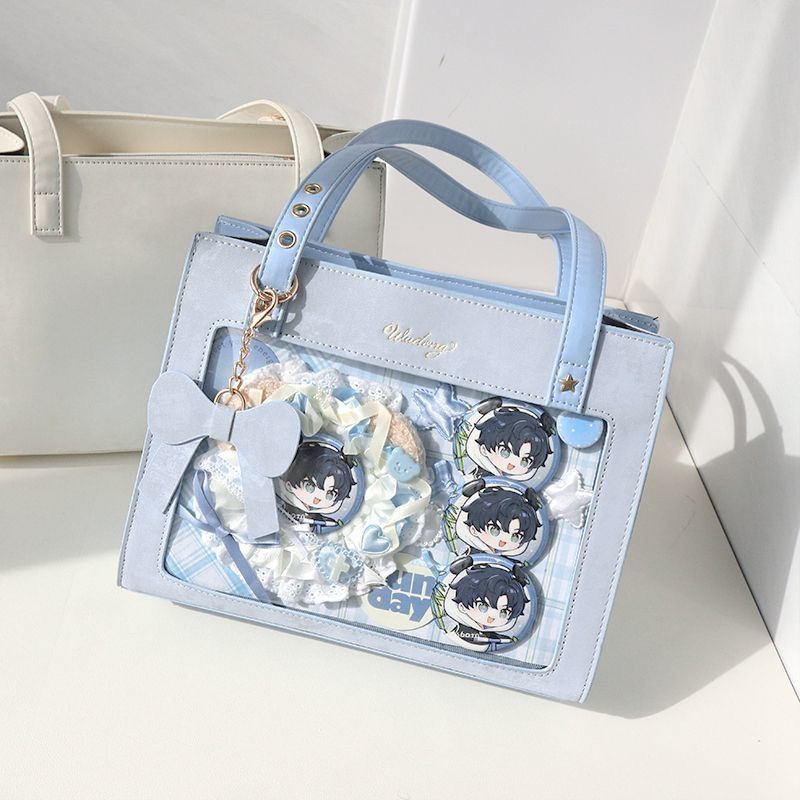 Borsa a tracolla versatile in stile cinese, stile anime, con distintivo trasparente, da donna, color crema, primavera, ciliegia_voghion.com