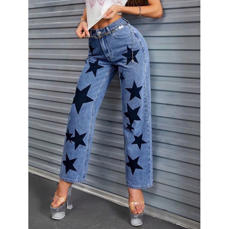 Abbigliamento da donna Jeans Black Star per donna Nuovi pantaloni casual da strada con gamba larga Jeans lavati a vita alta_voghion.com
