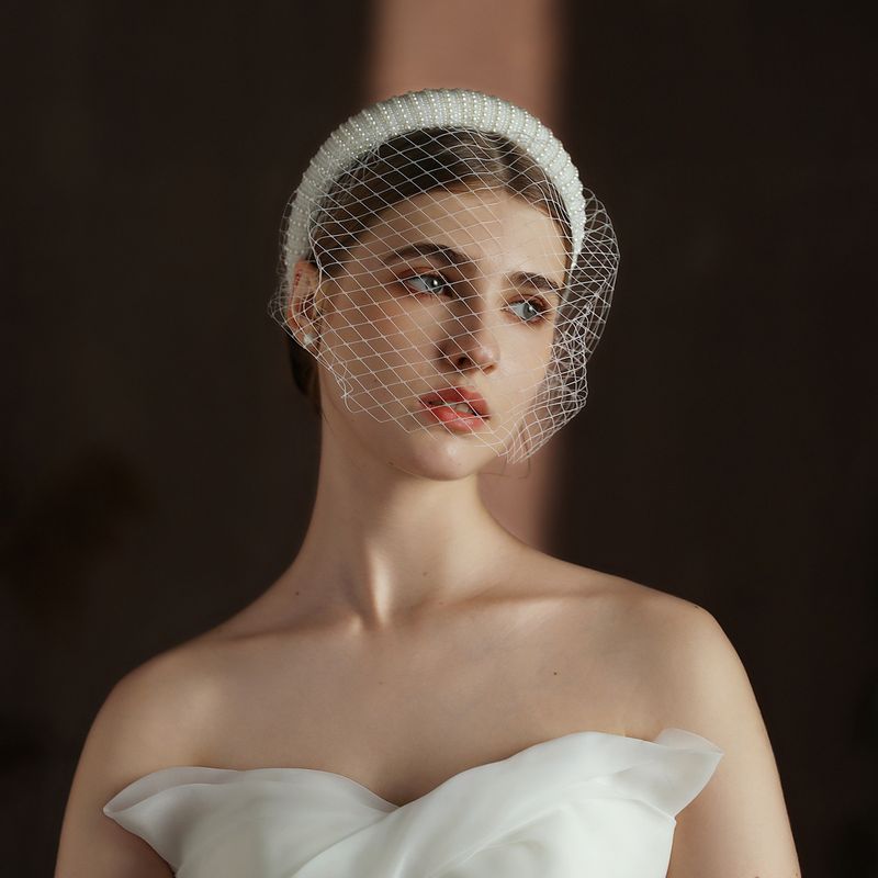 Voile de mariée style Hepburn français V320, bandeau en maille perlée blanche, accessoire pour cheveux couvrant le visage de fête_voghion.com