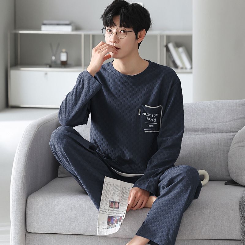 2023 winter men's pullover sleeved long pants pajamas set cotton student casual spring and autumn home clothes_voghion.com
