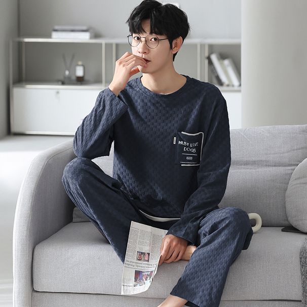 2023 winter men's pullover sleeved long pants pajamas set cotton student casual spring and autumn home clothes_voghion.com
