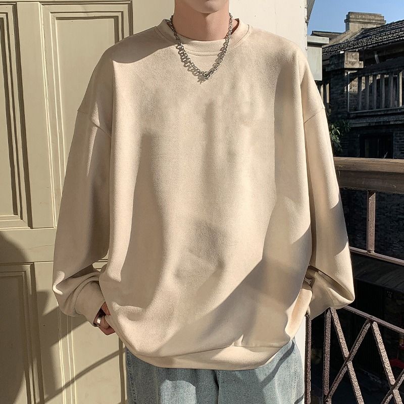 New suede hoodie for men in spring and autumn, loose fitting with inner layer, men's round neck long sleeved base shirt_voghion.com