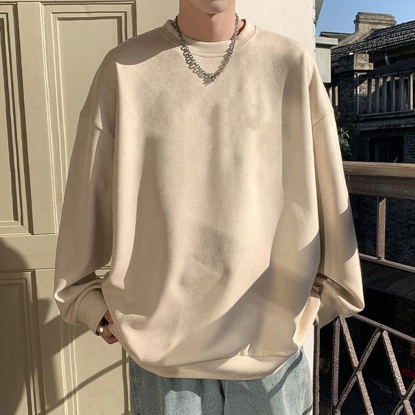 New suede hoodie for men in spring and autumn, loose fitting with inner layer, men's round neck long sleeved base shirt_voghion.com