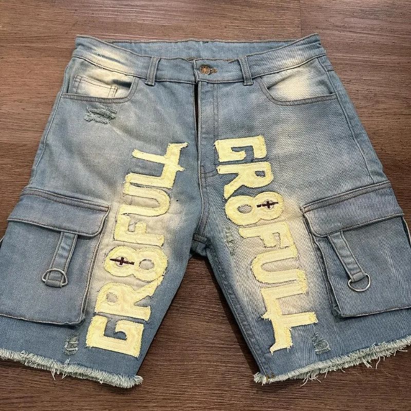 Pantaloncini in denim ricamati, stile hip-hop americano, lavati e cambiati gradualmente, da uomo, estate 2025, nuovi e larghi_voghion.com