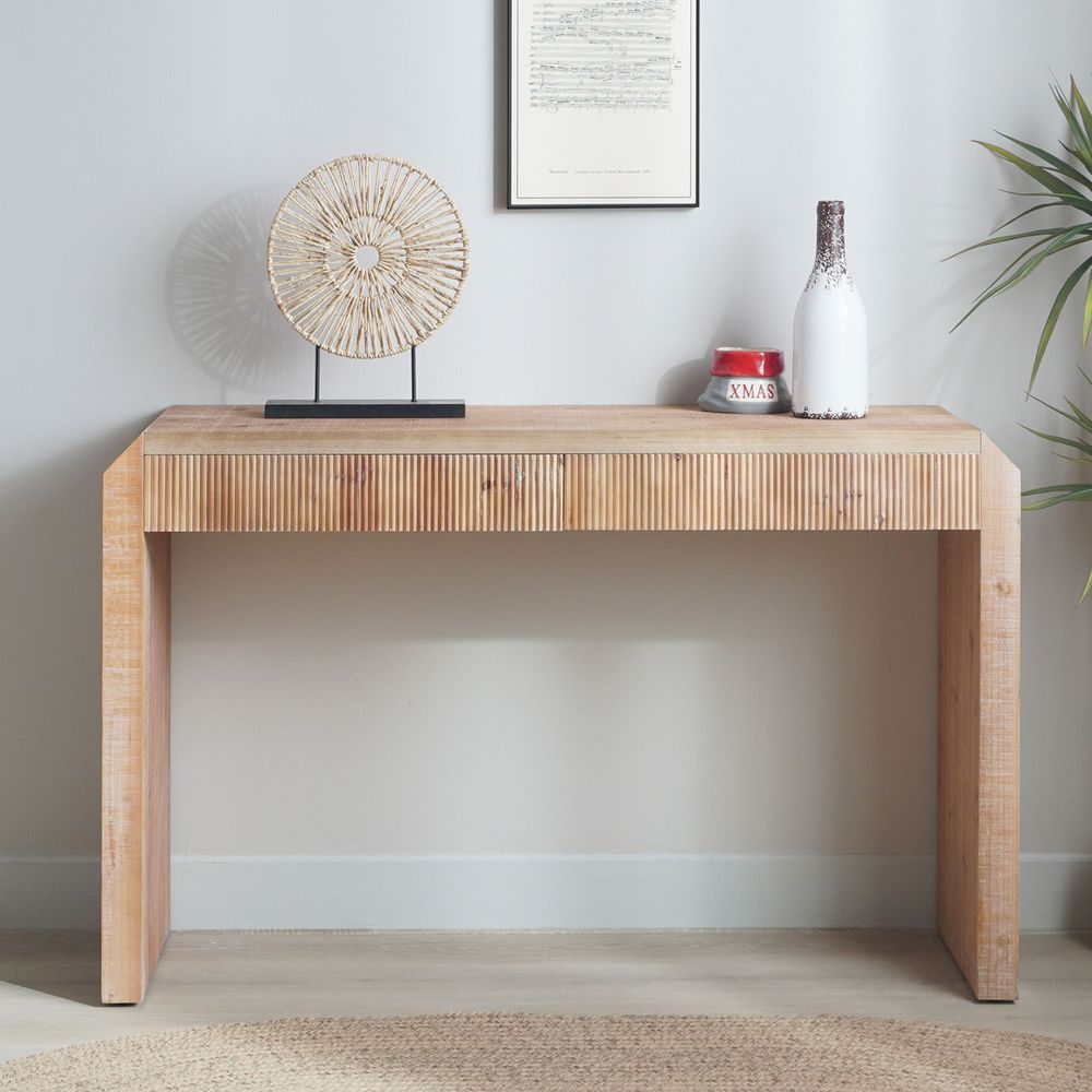 Rustic Wooden Console Table With Drawer – Minimalist Design, Ribbed Texture, And Natural Finish_voghion.com