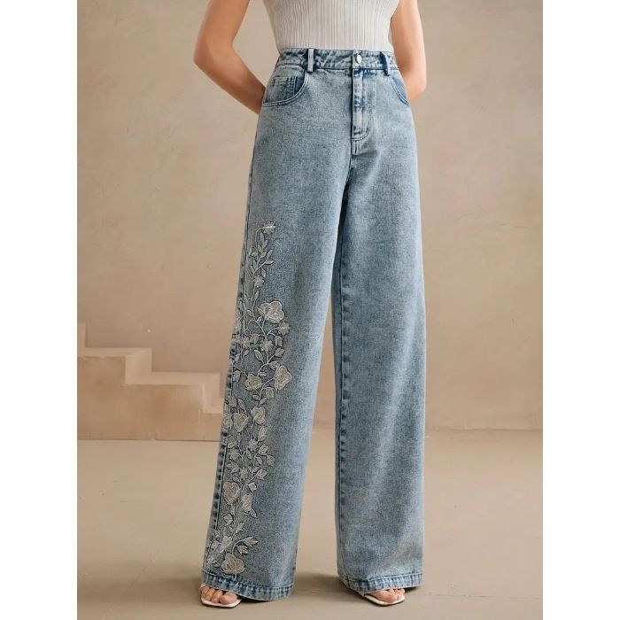 Jeans elasticizzati ricamati da donna taglie forti - Comodi jeans dritti con dettagli floreali_voghion.com