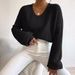 Knitted Women's Clothing 2023 Autumn Solid Color Lantern Long Sleeve Pullover Sweater V-Neck_voghion.com
