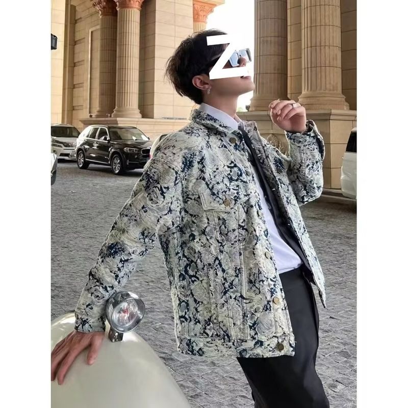 Giacca in denim autunnale da uomo con colletto jacquard - Elegante cappotto casual con cerniera e vestibilità ampia per adolescenti e giovani adulti_voghion.com