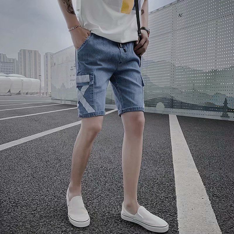 Pantaloncini dritti con coulisse sottili e larghi estivi da uomo in denim stile americano, 2024 nuovi pantaloni elastici in cinque parti da cavallo_voghion.com