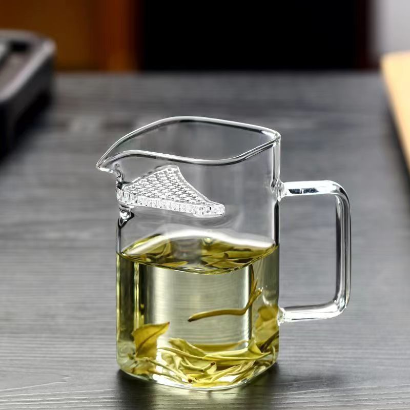 Tazza Fair Cup in vetro spesso, infusore verde, filtro a mezzaluna quadrato resistente al calore, divisorio per il tè integrato_voghion.com