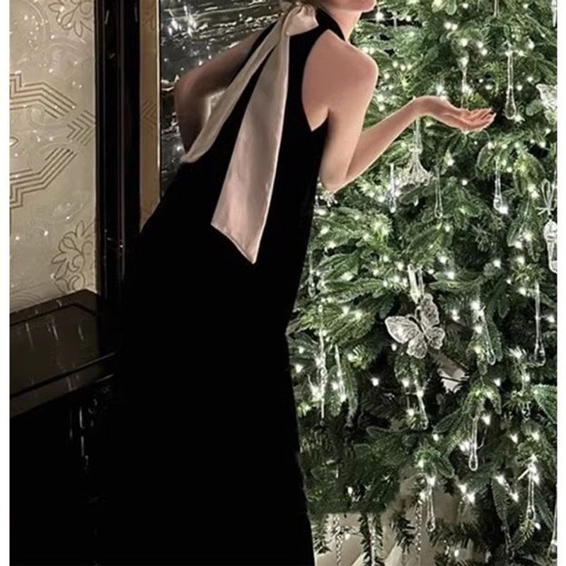 Abito da donna in stile francese Hepburn nero con scollo a V, nuovo di zecca, splendido e raffinato abito primaverile_voghion.com